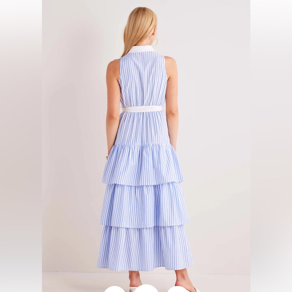 Sleeveless Blue & White Striped Tie-Waist Tiered Maxi Dress - Picture 2 of 3
